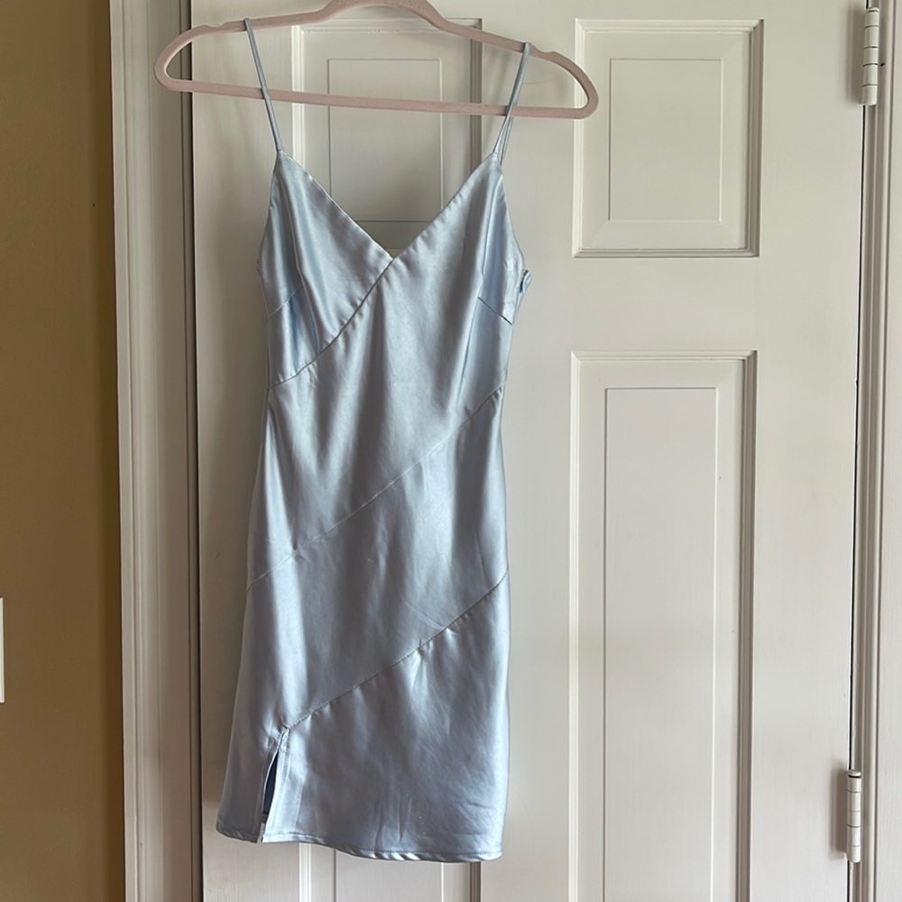 Blue Princess Polly dress with small slit and assymetric details